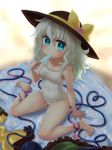  alternate_costume aqua_eyes barefoot food hat heart komeiji_koishi looking_at_viewer miruki one-piece_swimsuit popsicle school_swimsuit sitting solo swimsuit touhou wariza white_hair white_swimsuit 