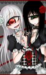  1girl black_hair collar conjoined corset cyclops flower green_eyes hair_ornament hand_holding monster_girl multiple_heads one-eyed original red_eyes rose sangyou_haikibutsu_(turnamoonright) smile turnamoonright what white_hair 