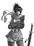  breasts cleavage crossed_arms drawfag elbow_pads fingerless_gloves gloves greyscale highres japanese_clothes kimono large_breasts manyuu_chifusa manyuu_hikenchou monochrome ninja ponytail scabbard scarf sheath sheathed solo sword thighhighs vambraces weapon yukata 