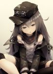  arms_between_legs black_shorts coat expressionless eyebrows_visible_through_hair g11_(girls_frontline) girls_frontline green_hat green_jacket grey_eyes grey_hair hair_between_eyes hat highres jacket long_hair long_sleeves looking_at_viewer messy_hair open_clothes open_coat open_mouth scarf_on_head shirt shorts shoulder_cutout simple_background single_thighhigh sitting suginakara_(user_ehfp8355 thighhighs white_background white_shirt 