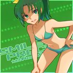  bare_shoulders bent_over bikini bow green_background green_hair hair_bow hand_on_hip looking_at_viewer midorikawa_nao navel open_mouth ponytail precure saikachi_(ogre_tree) smile_precure! solo star swimsuit 