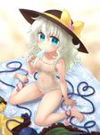  alternate_costume aqua_eyes barefoot breasts food hat heart komeiji_koishi looking_at_viewer miruki nipples one-piece_swimsuit popsicle pussy school_swimsuit see-through sitting small_breasts solo swimsuit touhou wariza white_hair white_swimsuit 