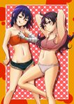  araragi_karen bandages bandeau blue_eyes blue_hair brown_eyes denim denim_shorts eyebrows kanbaru_suruga long_hair midriff monogatari_(series) multiple_girls murata_isshin nisemonogatari panties purple_hair short_hair shorts tongue tongue_out underwear 