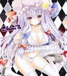 ayuayu bad_id bad_pixiv_id bare_shoulders bow bra breasts checkered checkered_background cleavage covered_nipples crescent hair_bow hat large_breasts long_hair navel off_shoulder panties pantyshot patchouli_knowledge purple_eyes purple_hair sample slippers solo thighhighs touhou underwear very_long_hair white_legwear white_panties 