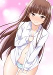  3: amagami bangs blunt_bangs blush brown_eyes brown_hair covering dress_shirt embarrassed kamizaki_risa long_hair navel no_bra no_pants nose_blush open_clothes open_shirt panties shirt shouji_nigou solo striped striped_panties underwear 