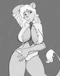  black_and_white breasts clothing female huge_breasts monochrome necktie open_shirt panties shirt sixcolors solo underwear 
