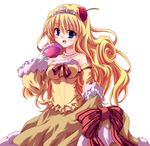  alstakayuki blonde_hair blue_eyes bow cherry cup dress duel_monster food fruit gloves jewelry long_hair madolche madolche_puddingcess takayuuki tiara yu-gi-oh! yuu-gi-ou_duel_monsters 