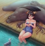  bird black_hair blue_eyes bow breasts cleavage dock hair_bow hands_clasped highres lasterk long_hair long_legs looking_at_viewer medium_breasts one-piece_swimsuit original own_hands_together school_swimsuit sea_lion seagull sitting smile soaking_feet solo strap_slip swimsuit tan tanline twintails water 