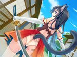  animal_ears armband ass ass_cutout back bandaid bandaid_on_ass bare_shoulders black_hair blue_eyes butt_crack cat_ears cat_tail dutch_angle elbow_gloves gloves japanese_clothes katana long_hair looking_back original otosume_ruiko panties solo sword tail tail_slit_clothes tail_through_clothes thighhighs underwear very_long_hair weapon 