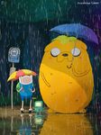  animated bmo bus_stop canine dog female finn finn_the_human forest ghibli human jake jake_the_dog machine male mammal mechanical my_neighbor_totoro parody rain robot sweatshirt_(artist) tree wood 