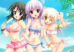  3girls beach bikini cleavage hatsuyuki_sakura hontani_kanae ice_cream scan shinonome_nozumu shirokuma swimsuit tamaki_sakura wink 