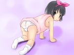  all_fours black_eyes black_hair blush bow child from_behind hair_bow looking_back panties purple_background socks underwear 