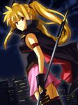  bardiche bare_shoulders belt blonde_hair cape city fate_testarossa highres kashiyuki long_hair lyrical_nanoha mahou_shoujo_lyrical_nanoha mahou_shoujo_lyrical_nanoha_the_movie_1st red_eyes skirt solo thighhighs twintails 