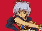  1girl ahoge bare_shoulders blue_eyes bra breasts dark_skin elbow_gloves gloves grey_hair lowres qvga red_background rondorine_e._effenberg scarf short_hair smile tales_of_(series) tales_of_phantasia tales_of_phantasia:_narikiri_dungeon_x underwear 