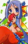  apple blue_eyes blue_hair bracer food fruit head_fins holding holding_food holding_fruit long_hair looking_at_viewer marker_(medium) mermaid millipen_(medium) mixed_media monster_girl nietzsche rope scales sitting solo traditional_media yggdra_union 
