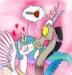  blush crown cutie_mark discord_(mlp) draconequus equine eyes_closed female feral friendship_is_magic hair horn horse kissing male mammal mickeymonster multi-colored_hair my_little_pony necklace plunger pony princess_celestia_(mlp) red_eyes sparkles winged_unicorn wings 