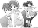  1girl arm_support blazer bow bowtie dress formal greyscale hairband holding ito jacket kudou_shin'ichi meitantei_conan monochrome pants ribbon short_hair smile suit vest yoshida_ayumi zoom_layer 