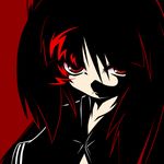  black_gold_saw black_rock_shooter long_hair looking_at_viewer monochrome naginami red_background red_eyes simple_background solo 