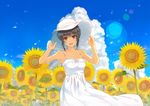  black_hair blue_eyes dress flower furai hands_on_headwear hat looking_at_viewer original short_hair smile solo sun_hat sundress sunflower wind 