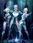  2girls ass bodysuit cane facial_mark forehead_mark gem_(tron) hand_on_hip larbesta multiple_girls short_hair siren_(tron) topknot tron tron:_legacy white_hair zuse 