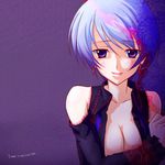  bare_shoulders blue_hair breasts chaos;head cleavage earrings english jewelry kishimoto_ayase large_breasts looking_at_viewer purple_eyes robber-krzk short_hair smile solo 