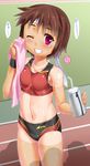  ;d bandaid bottle brown_hair drinking_straw grin headband holding looking_at_viewer navel one_eye_closed open_mouth original outdoors pink_eyes pov shade short_hair silhouette smile solo sports_bikini sports_bra standing sweat sweatdrop takase_yuu tan tanline teeth towel track_and_field track_uniform water_bottle wet wristband 