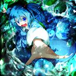  backpack bag blue_hair bubble giorgio_claes hair_bobbles hair_ornament hat highres kawashiro_nitori long_sleeves open_mouth outstretched_arms short_hair solo touhou two_side_up 