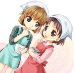  apron bandana blue_eyes brown_eyes brown_hair cooking dutch_angle haibara_ai long_sleeves meitantei_conan multiple_girls open_mouth sensaki_chihiro shirt short_hair skirt smile standing tasting yoshida_ayumi 