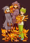  2boys alternate_color alternate_costume banette basket blue_eyes candy carrying child duskull food gen_3_pokemon green_hair halloween haruka_(pokemon) holding hug ikra_(katacoly) lollipop mask mitsuru_(pokemon) multiple_boys open_mouth poke_ball pokemon pokemon_(creature) pokemon_(game) pokemon_rse sableye shedinja shiny_pokemon smile standing yuuki_(pokemon) 