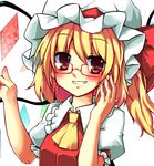  ascot bad_id bad_pixiv_id bespectacled blonde_hair blush flandre_scarlet glasses grin harry_(namayake) hat red-framed_eyewear red_eyes short_hair side_ponytail simple_background smile solo touhou upper_body white_background wings 