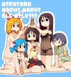  5girls annaka_haruna arm_support bandana bare_shoulders black_hair blue_hair bra cat earrings english glasses hair_ribbon jewelry kneeling lingerie masha minakami_mai multiple_girls naganohara_mio nakamura_kana navel nichijou nightgown open_mouth orange_eyes orange_hair panties ribbon romaji sakamoto_(nichijou) see-through shinonome_nano short_hair short_twintails sitting sitting_on_lap sitting_on_person twintails underwear wariza 