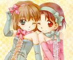  ;&lt; ;) blue_dress blue_eyes bow brown_eyes brown_hair choker dress elbow_gloves gloves haibara_ai hair_bow hairband meitantei_conan multiple_girls one_eye_closed pink_dress sensaki_chihiro short_hair side-by-side smile sweatdrop yoshida_ayumi 