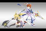  armor bardiche bare_shoulders blonde_hair blue_eyes brown_hair cape dress fate_testarossa fingerless_gloves gloves hair_ribbon letterboxed long_hair lyrical_nanoha mahou_shoujo_lyrical_nanoha mahou_shoujo_lyrical_nanoha_a's mahou_shoujo_lyrical_nanoha_the_movie_2nd_a's multiple_girls puffy_sleeves raising_heart red_eyes ribbon short_twintails skirt takamachi_nanoha thighhighs twintails virginia18 