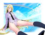  ama_mitsuki bad_id bad_pixiv_id blonde_hair blue_eyes day gradient gradient_background long_hair long_legs looking_at_viewer necktie original panties rainbow shirt sitting striped striped_panties underwear 