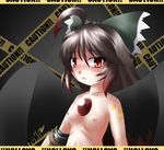  bow breasts brown_hair caution_tape hair_bow long_hair looking_at_viewer medium_breasts naginami nipples reiuji_utsuho solo touhou wings 