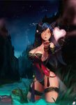  2girls ahri animal_ears annie_hastur bare_shoulders black_hair blown_kiss breasts cleavage facial_mark fox_ears fox_tail heart highres instant_ip korean_clothes large_breasts league_of_legends long_hair multiple_girls night parted_lips revision tail teemo thighs water whisker_markings yellow_eyes 