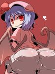  ass bat_wings bloomers blue_hair grin hakika hat hat_ribbon heart looking_at_viewer looking_back puffy_sleeves red_eyes remilia_scarlet ribbon short_hair short_sleeves simple_background slit_pupils smile solo touhou underwear wings 