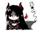  black_gold_saw black_hair black_rock_shooter boots chibi full_body horns king_saw long_hair looking_at_viewer naginami red_eyes simple_background solo very_long_hair white_background 