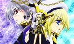  armor bare_shoulders blonde_hair blue_eyes chain cropped_jacket fighting_stance fingerless_gloves gloves hair_ornament hat highres jacket leoheart long_hair lyrical_nanoha magical_girl mahou_shoujo_lyrical_nanoha mahou_shoujo_lyrical_nanoha_a's multiple_girls open_clothes open_jacket red_eyes reinforce schwertkreuz short_hair silver_hair skirt sleeveless tome_of_the_night_sky waist_cape x_hair_ornament yagami_hayate 