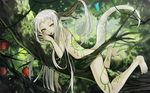  :p bad_id bad_pixiv_id banned_artist branch bug butterfly forest green_eyes harano highres horn insect long_hair nature original solo tail tongue tongue_out tree white_hair 