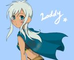  1girl belt blue_background blue_eyes breasts character_name dark_skin grey_hair long_hair midriff rondorine_e._effenberg scarf shorts tales_of_(series) tales_of_phantasia tales_of_phantasia:_narikiri_dungeon_x 