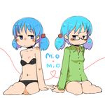  bespectacled blue_eyes blue_hair blush_stickers dual_persona eye_contact frown glasses looking_at_another masha multiple_girls naganohara_mio navel nichijou panties short_hair short_twintails sitting smile twintails underwear underwear_only white_panties 