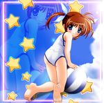  ball bare_shoulders blackjunk blue_eyes blush brown_hair feet from_behind lyrical_nanoha mahou_shoujo_lyrical_nanoha one-piece_swimsuit short_twintails smile solo star swimsuit takamachi_nanoha twintails zoom_layer 