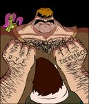  brony chest_hair clothing cutie_mark cybersp0nge doll english_text equine expression facial_hair female fist fluttershy_(mlp) friendship_is_magic hairy horse human male mammal my_little_pony parody pony text 