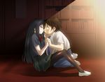  1girl accel_world arita_haruyuki bangs belt between_legs black_hair blush bookshelf bow bowtie brown_hair brown_legwear constricted_pupils couple dark denim eye_contact fat fat_man flat_chest hair_between_eyes hand_on_another's_face hetero holding_hands imminent_kiss indoors jeans kneeling kuroyukihime long_hair looking_at_another miniskirt necktie on_floor orange_eyes pants pantyhose parted_lips platin_(alios) pleated_skirt plump school_uniform shirt shoes short_hair sidelocks sitting skirt sweatdrop umesato_middle_school_uniform 