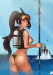  animal ass bikini breasts brown_eyes brown_hair chomper diving_mask diving_mask_on_head fish fizz_(league_of_legends) high_ponytail highres instant_ip league_of_legends long_hair looking_back medium_breasts nidalee panties polearm scuba_gear scuba_tank shark shell side-tie_bikini sideboob snorkel solo spear strap_gap swimsuit tan teemo thong thong_bikini trident underwear urf wading water weapon wet 