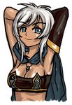  1girl armpits blue_eyes breasts cleavage dark_skin elbow_gloves gloves grey_hair jewelry necklace ring rondorine_e._effenberg scarf smile tales_of_(series) tales_of_phantasia tales_of_phantasia:_narikiri_dungeon_x 