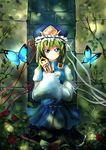  absurdres blue_eyes bug butterfly crossed_arms flower green_hair hat highres insect long_sleeves puffy_sleeves rod_of_remorse rose shiki_eiki short_hair solo touhou wide_sleeves zen_(weishanzhe) 
