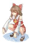  ascot bare_shoulders bow brown_eyes brown_hair bryanth detached_sleeves full_body gopnik hair_bow hair_tubes hakurei_reimu long_hair mary_janes shoes simple_background skirt skirt_set solo squatting touhou white_background 