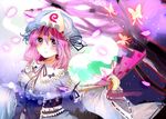  breasts bug butterfly cherry_blossoms fan folding_fan hat hitodama insect japanese_clothes large_breasts long_sleeves night obi petals pink_eyes pink_hair potesara ribbon saigyouji_yuyuko sash short_hair smile solo touhou tree triangular_headpiece wide_sleeves 